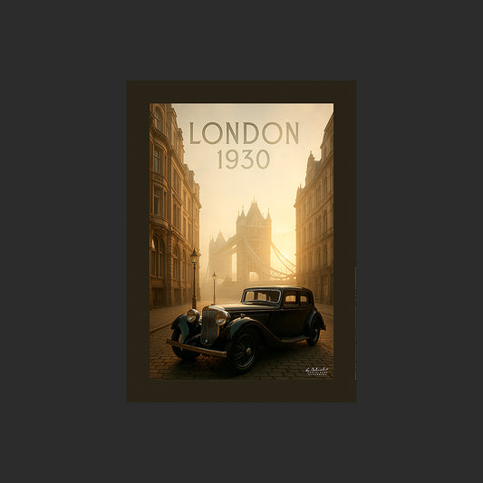 Affiche SP0005 Berline Jaguar noire de 1930 Londres Tower Bridge le matin, design avec marge couleur.