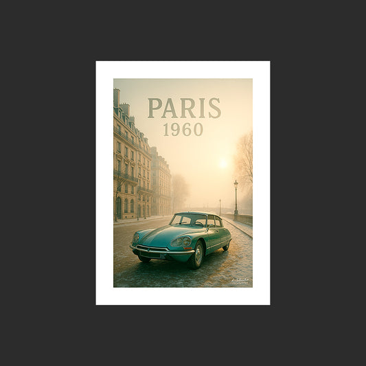 Affiche SP0008 Citroën DS verte de 1960 Paris Pont Neuf en hiver, design avec marge blanche.