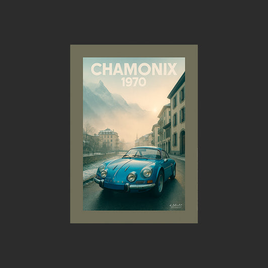 Affiche SP0010 Alpine Renault A110 1970 Chamonix Mont Blanc en hiver, design avec marge couleur.