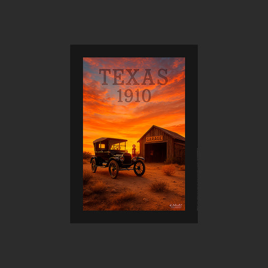 Affiche SP0011 Ford T noire de 1910 Texas garage et coucher de soleil, design avec marge couleur.