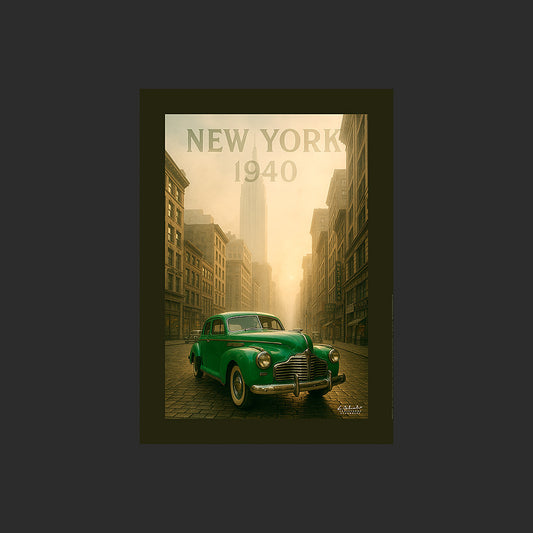 Affiche SP0012 Buick Spécial 1940 verte New York Empire State Building, design avec marge couleur.