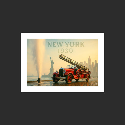 Affiche SP0013 Camion Pompier American LaFrance 400 1930 New York Statue de la Liberté, design avec marge blanche.