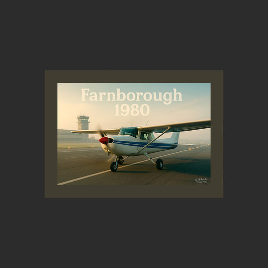 Affiche SP0015 Cessna 152 Farnborough 1980 Angleterre au couchant, design avec marge couleur.