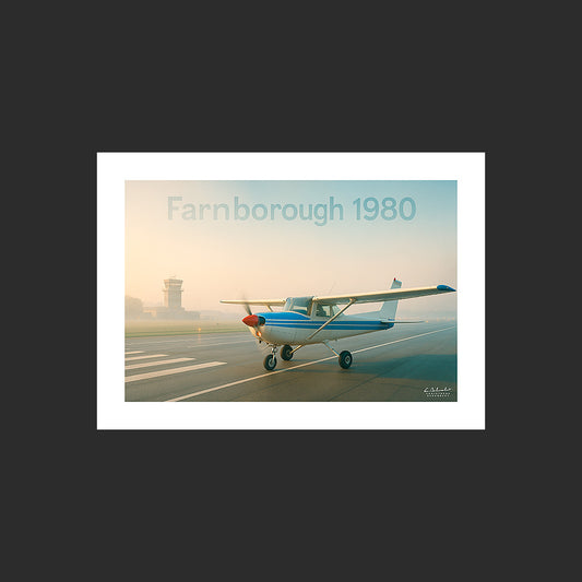 Affiche SP0016 Cessna 152 Piste de Farnborough 1980 Angleterre au couchant, design avec marge blanche.