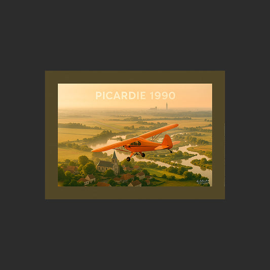 Affiche SP0017 Piper J-3 Cub Picardie Amiens Vallée de Somme au couchant, design avec marge couleur.