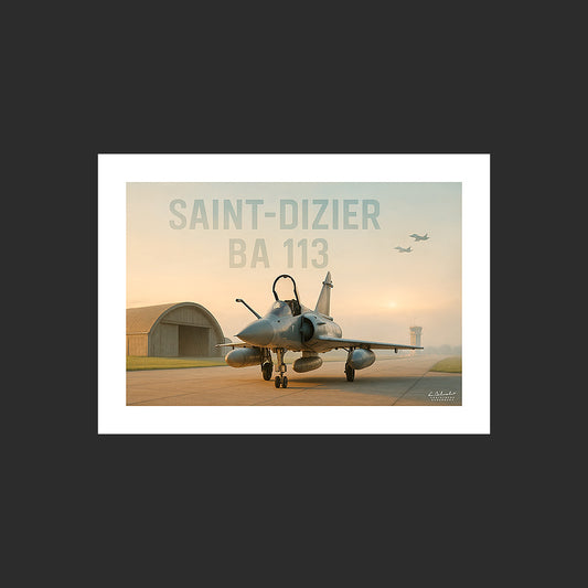 Affiche SP0018 Dassault Mirage 2000 Piste BA113 de Saint-Dizier au couchant, design avec marge blanche.