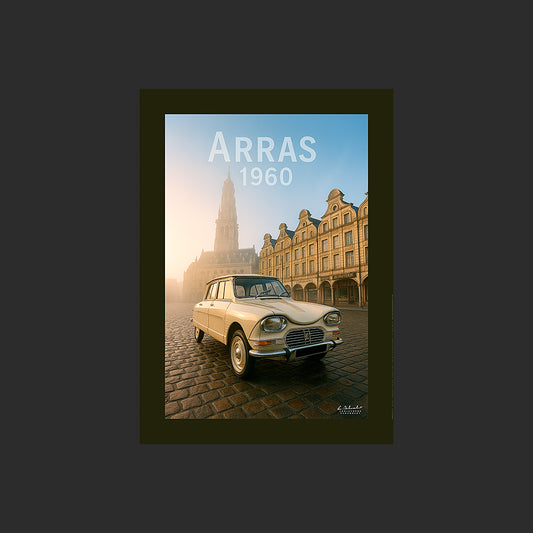 Affiche SP0019 Citroën Ami 6 1960 Arras Beffroi Place des Héros le matin, design avec marge couleur.