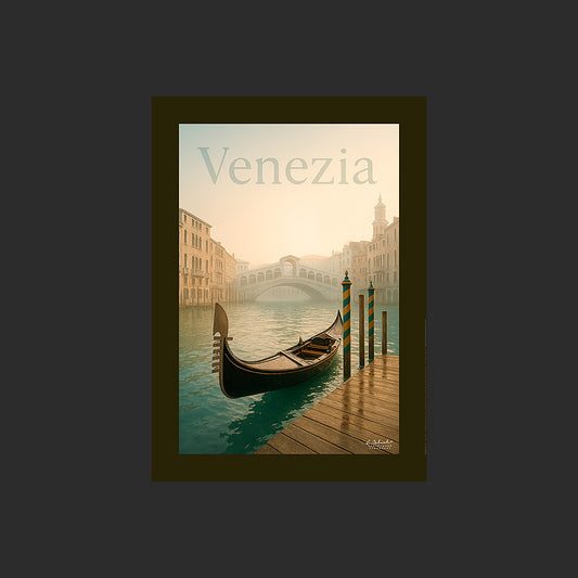 Affiche SP0022 Venise Gondole sur le Grand Canal Pont Rialto en Hiver, design avec marge couleur.