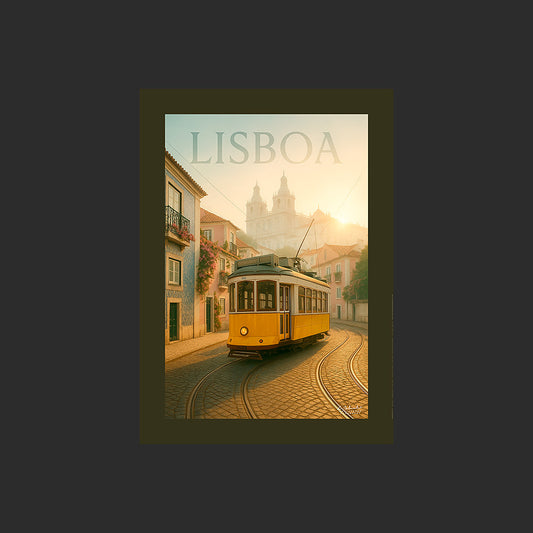 Affiche SP0024 Lisbonne Tramway Jaune Alfama Saint Vincent de Fora, design avec marge couleur.