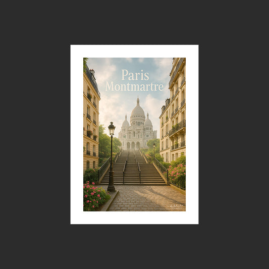 Affiche SP0032 Montmartre Paris Basilique du Sacré-Coeur en été, design avec marge blanche.