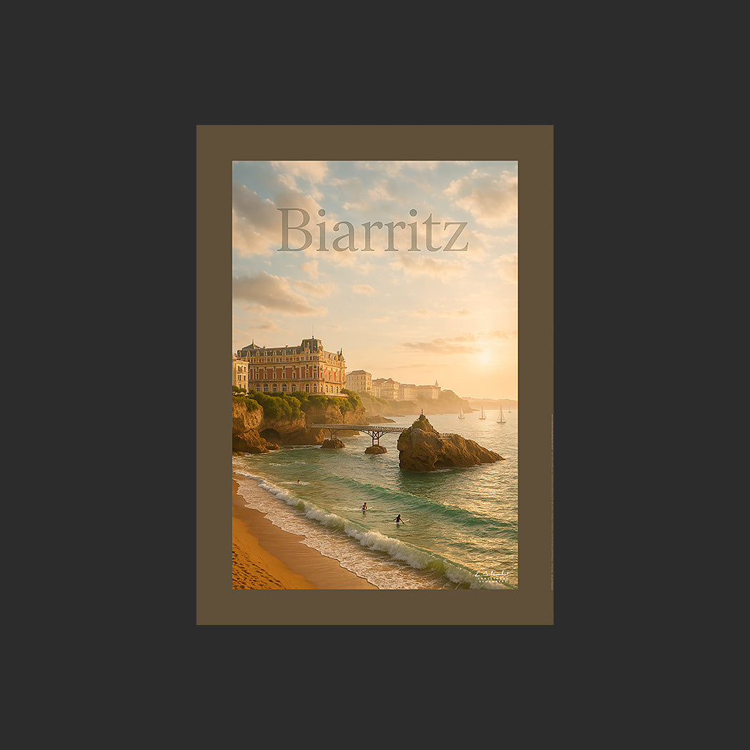 Affiche SP0035 Biarritz et le Rocher de la Vierge sur la Côte Basque en été, design avec marge couleur.