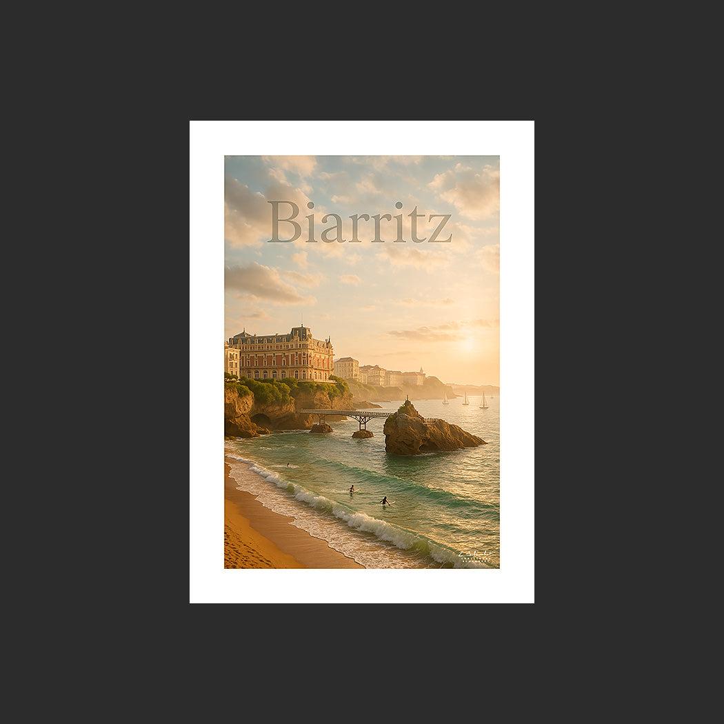 Affiche SP0035 Biarritz et le Rocher de la Vierge sur la Côte Basque en été, design avec marge blanche.
