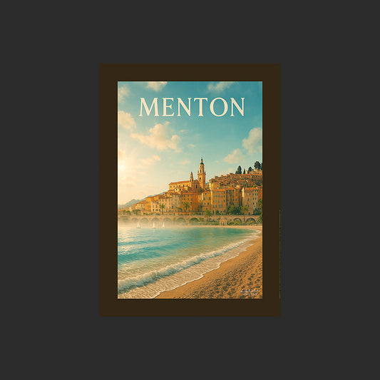 Affiche SP0036 Le port de Menton sur la Côte d'Azur en été depuis la plage, design avec marge couleur.