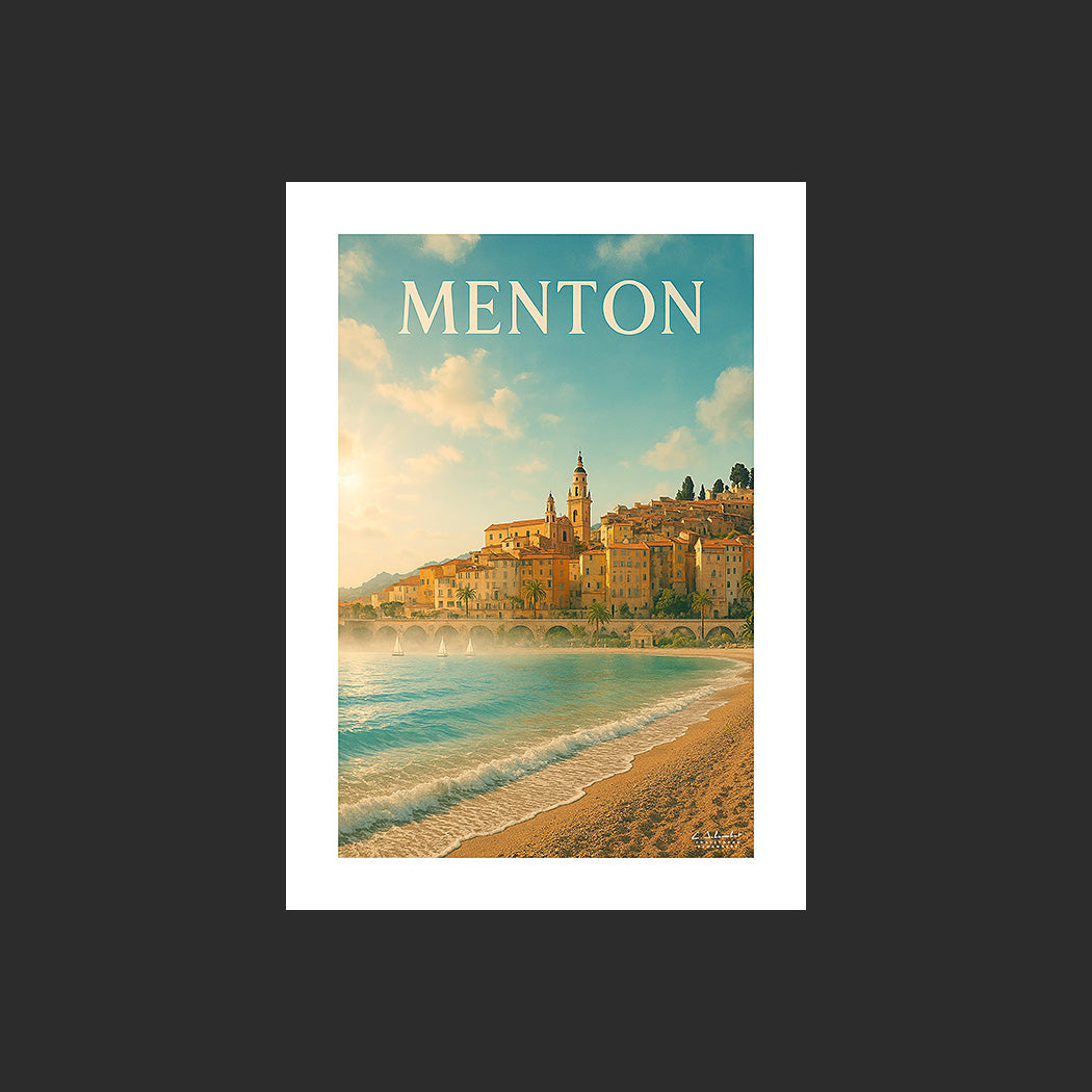 Affiche SP0036 Le port de Menton sur la Côte d'Azur en été depuis la plage, design avec marge blanche.