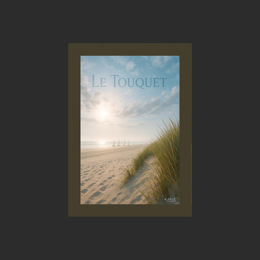 Affiche SP0037 Le Touquet sur la Côte d'Opale Plage et dunes en été, design avec marge couleur.