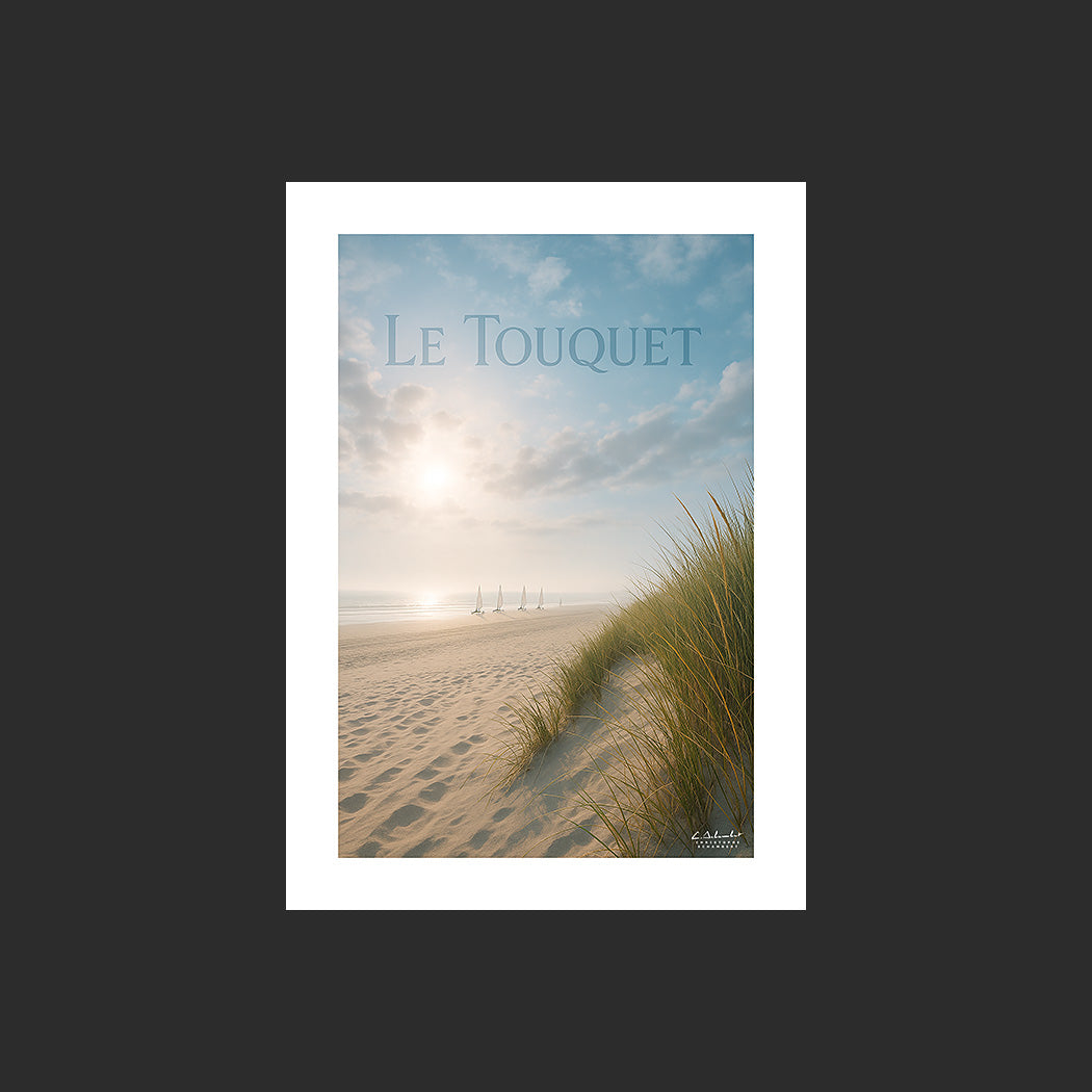 Affiche SP0037 Le Touquet sur la Côte d'Opale Plage et dunes en été, design avec marge blanche.