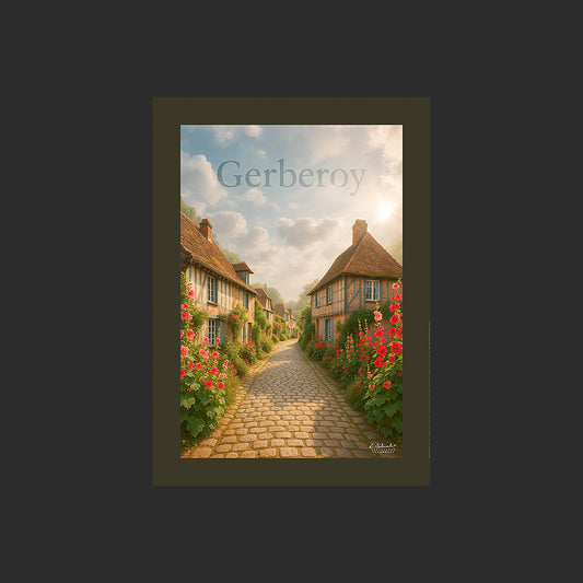Affiche SP0038 Le village médiéval de Gerberoy dans l'Oise en été, design avec marge couleur.