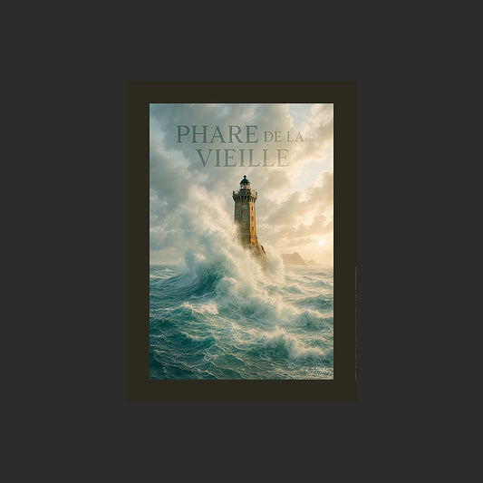 Affiche SP0044 Le phare de la vieille dans la tempête Finistère Pointe du Raz Bretagne, design avec marge couleur.