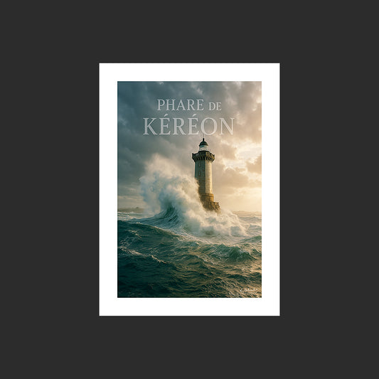 Affiche SP0045 Le phare de Kéréon Ouessant Bretagne Tempête en hiver, design avec marge blanche.