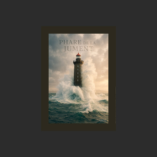 Affiche SP0046 Le phare de la Jument Ouessant Bretagne Tempête en hiver, design avec marge couleur.