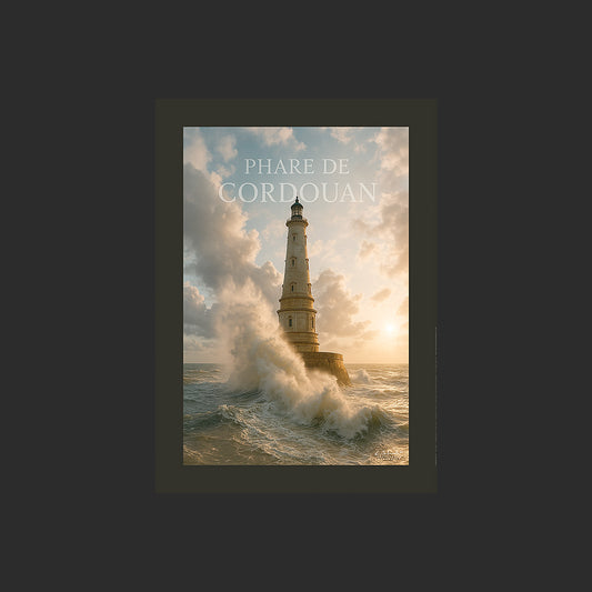 Affiche SP0051 Le phare de Cordouan sous un gros temps en été au couchant, design avec marge couleur.
