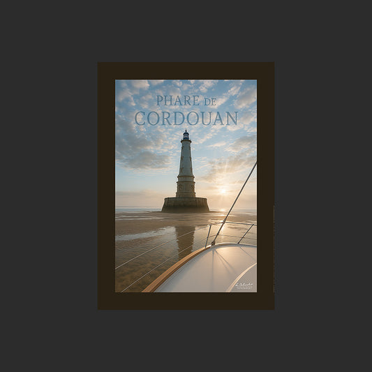 Affiche SP0053 Le phare de Cordouan depuis un voilier à marée basse le matin, design avec marge couleur.