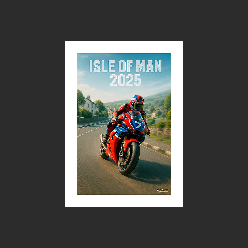 Affiche SP0054 Moto Honda CBR 1000 RR-R 2025 Tourist Trophy Isle de Man, design avec marge blanche.