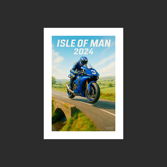 Affiche SP0055 Moto Yamaha Supersport 1000 R1 2024 Tourist Trophy Ile de Man, design avec marge blanche.