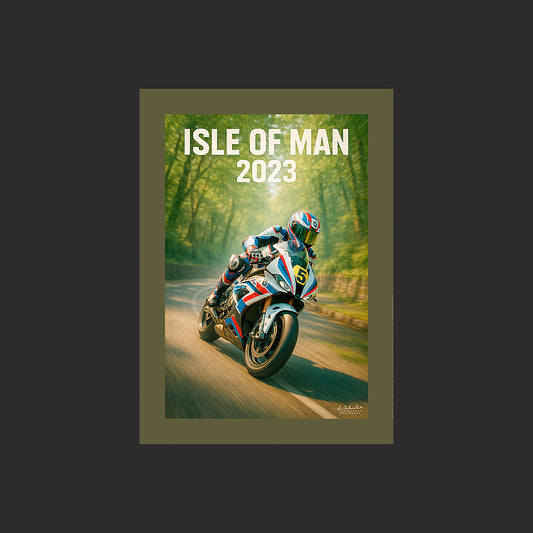 Affiche SP0056 Moto BMW M 1000 RR Blanche 2023 Tourist Trophy Ile de Man, design avec marge couleur.