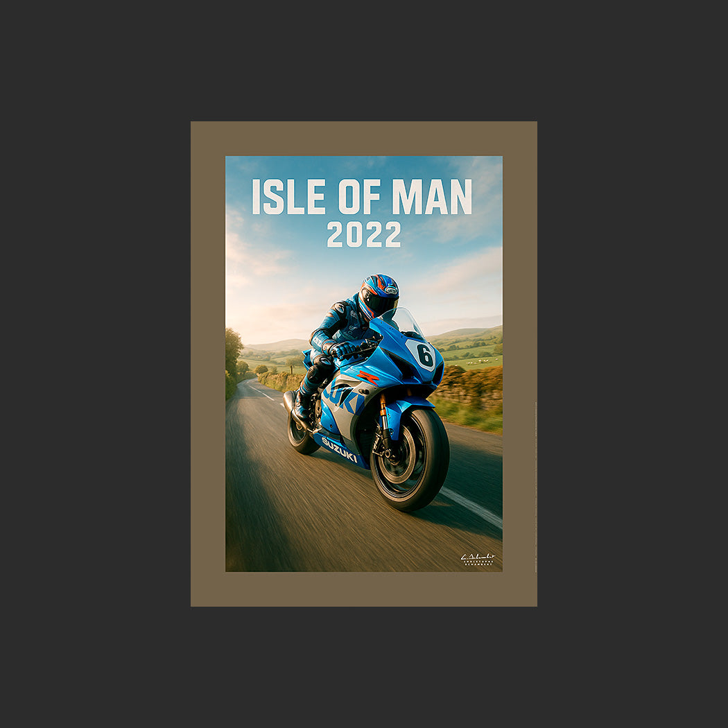 Affiche SP0057 Moto Suzuki GSX-R 1000 R 2022 Tourist Trophy Ile de Man, design avec marge couleur.
