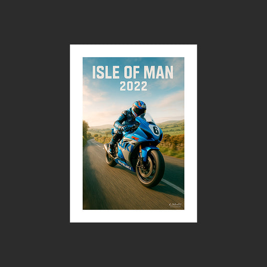 Affiche SP0057 Moto Suzuki GSX-R 1000 R 2022 Tourist Trophy Ile de Man, design avec marge blanche.