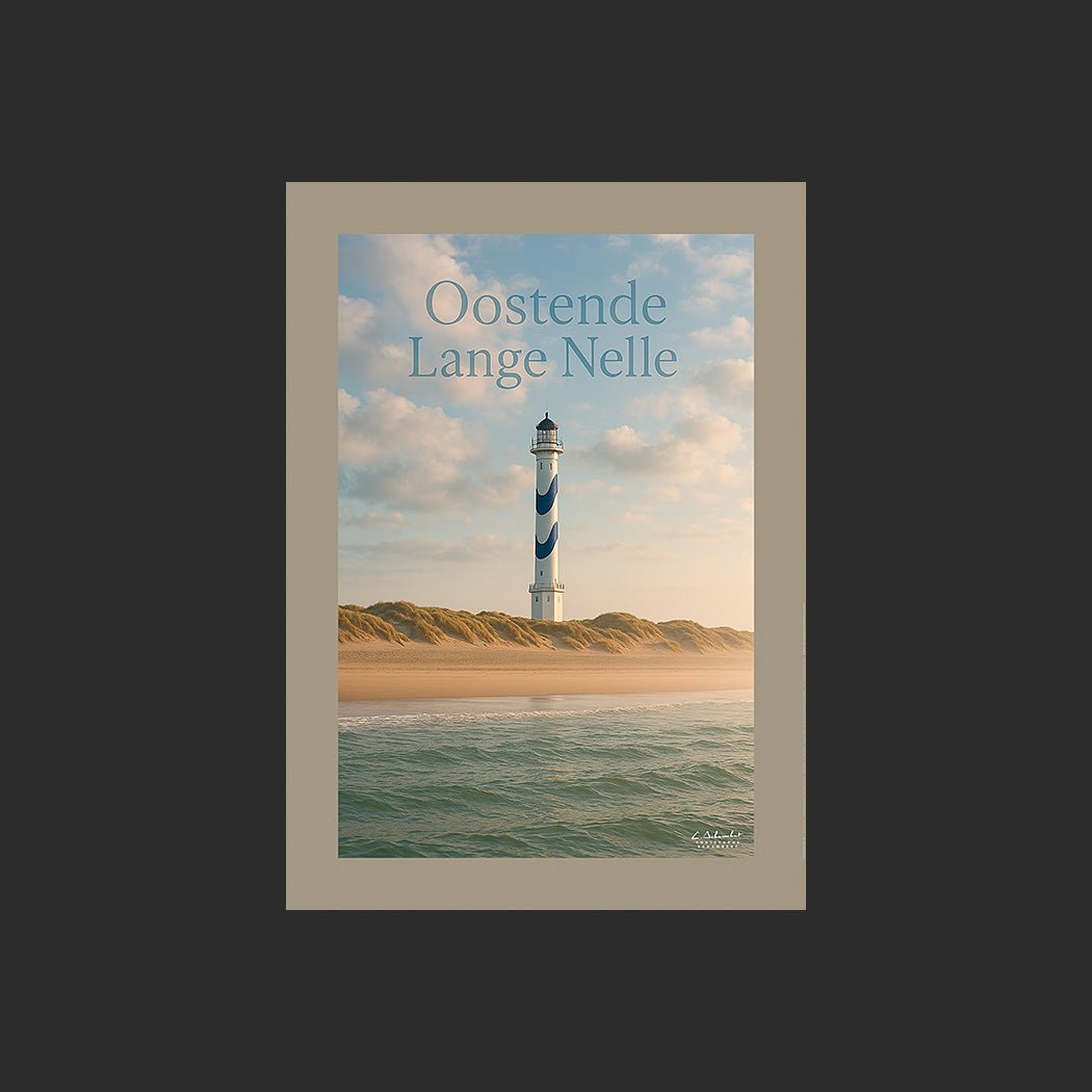 Affiche SP0059 Le phare Lange Nelle à Oostende en Belgique au couchant en été, design avec marge couleur.
