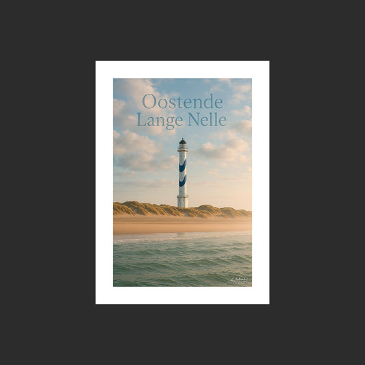 Affiche SP0059 Le phare Lange Nelle à Oostende en Belgique au couchant en été, design avec marge blanche.