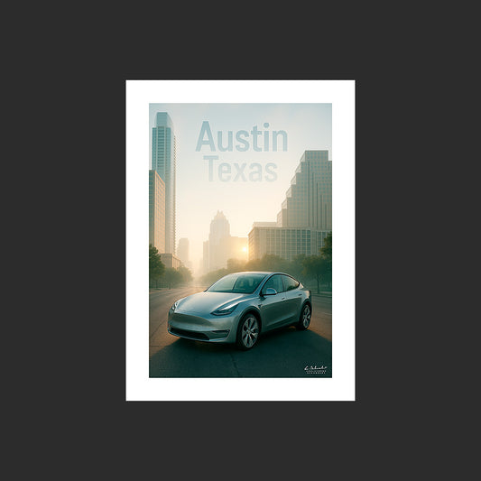 Affiche SP0061 Tesla Model Y dans une avenue à Austin Texas USA un matin de printemps, design avec marge blanche.