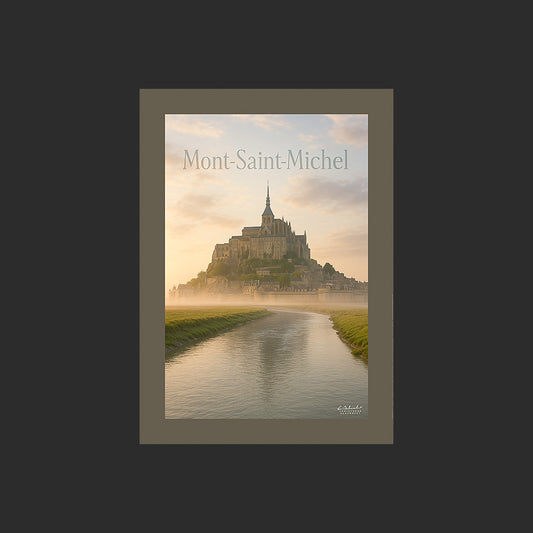 Affiche SP0062 Le Mont-Saint-Michel et le Couesnon à l'aurore en été, design avec marge couleur.