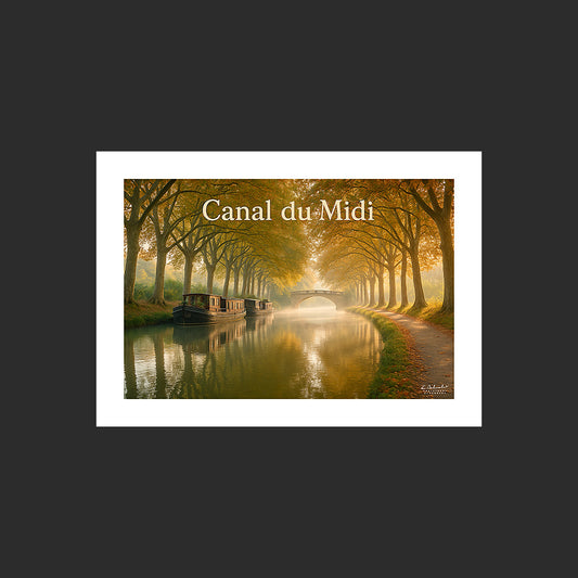 Affiche SP0065 Le Canal du Midi avec ses péniches sous les platanes en automne, design avec marge blanche.