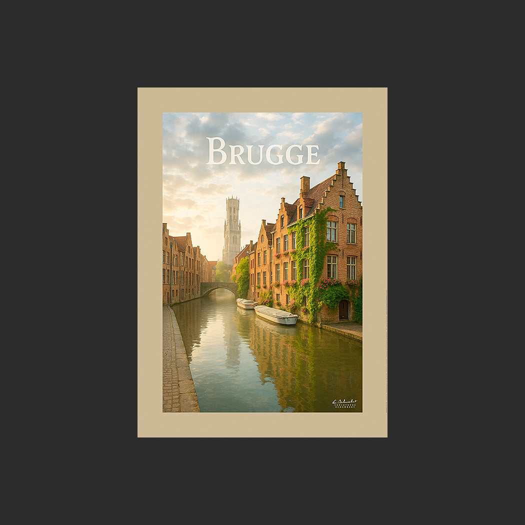 Affiche SP0067 Les canaux et le beffroi de Bruges un matin de printemps, design avec marge couleur.