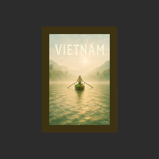 Affiche SP0072 Barque sur le delta du Mékong au Vietnam au printemps, design avec marge couleur.