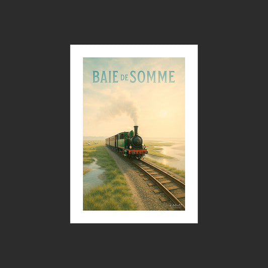 Affiche SP0074 La Baie de Somme et le train touristique à vapeur au printemps, design avec marge blanche.