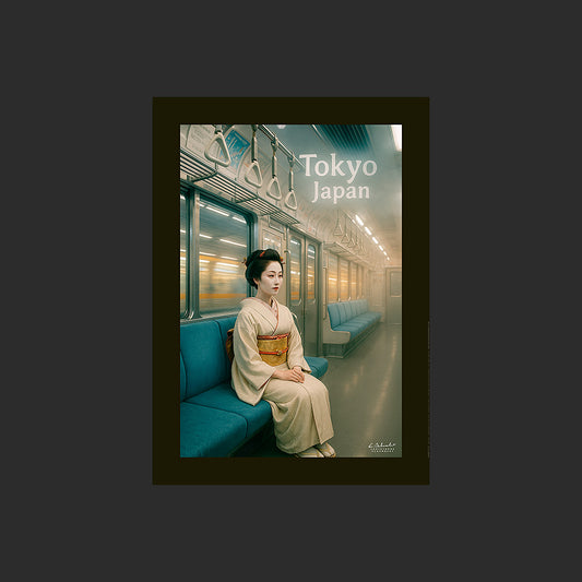 Affiche SP0081 Une Geisha japonaise dans une rame du métro de Tokyo, design avec marge couleur.