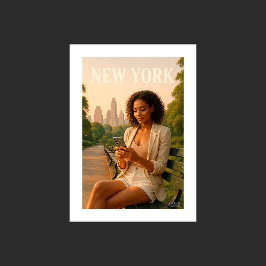 Affiche SP0083 Une jeune femme sur un banc de Central Park à New York, design avec marge blanche.