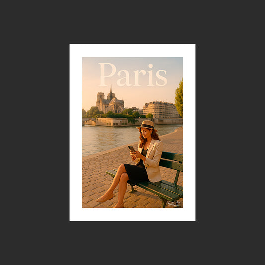 Affiche SP0084 Une parisienne à Paris sur un quai de Seine avec Notre-Dame, design avec marge blanche.