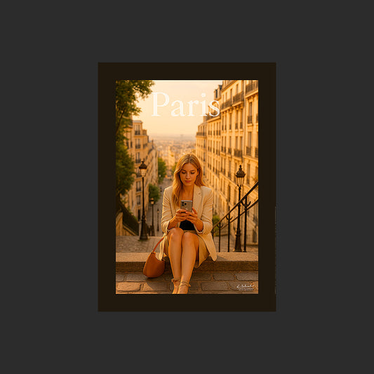 Affiche SP0085 Une parisienne à Paris sur un escalier de Montmartre en été, design avec marge couleur.