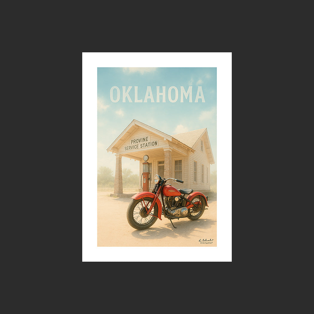 Affiche SP0087 Moto Harley-Davidson RL45 1930 Oklahoma Provine Service Station, design avec marge blanche.