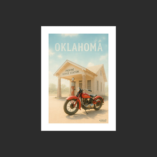 Affiche SP0087 Moto Harley-Davidson RL45 1930 Oklahoma Provine Service Station, design avec marge blanche.