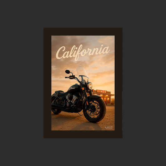 Affiche SP0088 Moto Indian Super Chief Californie Diner, design avec marge couleur.