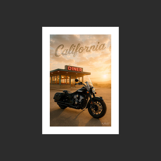 Affiche SP0089 Moto Indian Californie au soleil couchant, design avec marge blanche.