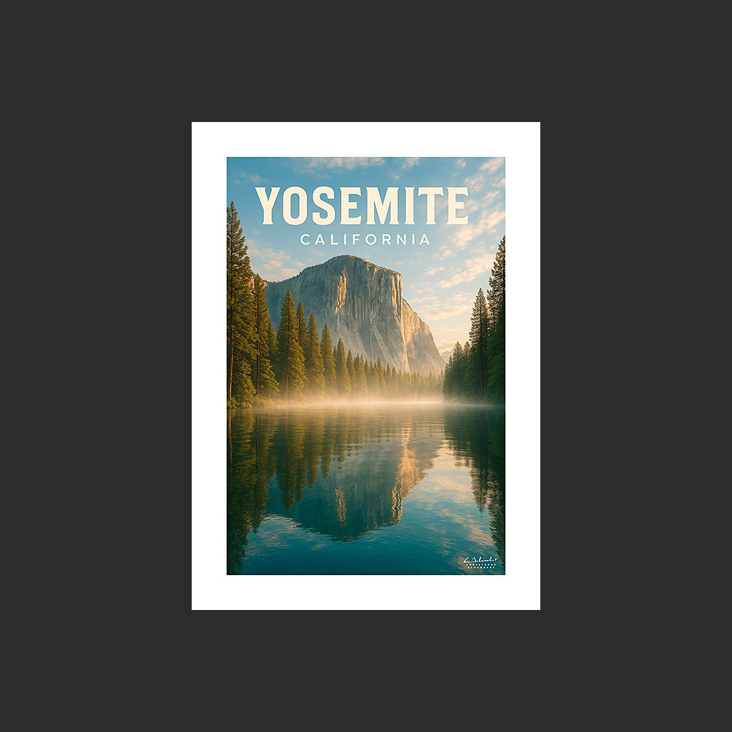 Affiche SP0090 Un lac du Yosemite National Park en Californie au printemps, design avec marge blanche.