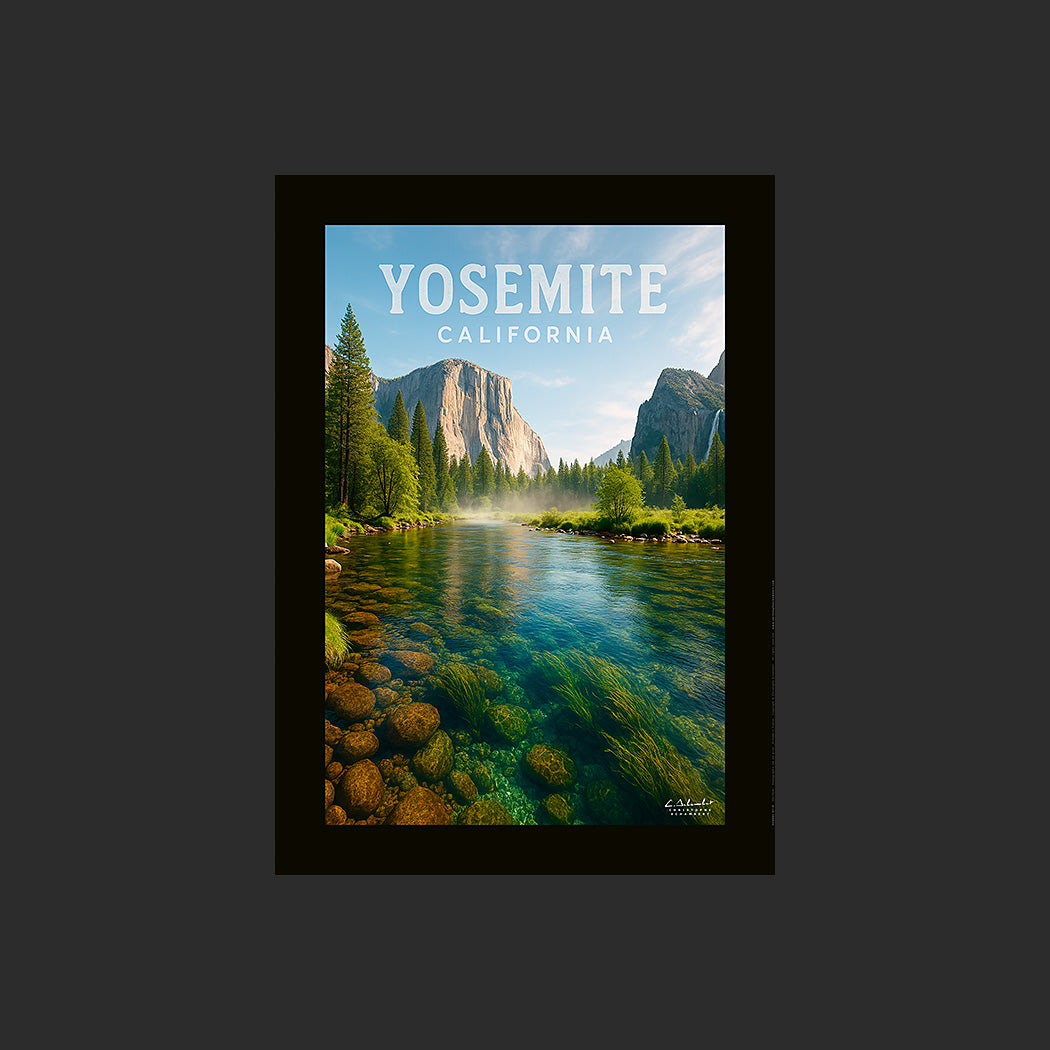 Affiche SP0091 Une rivière du Yosemite National Park en Californie au printemps, design avec marge couleur.