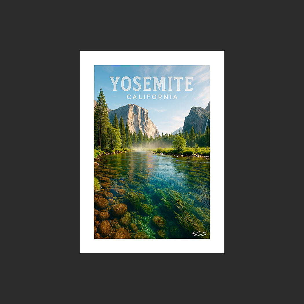 Affiche SP0091 Une rivière du Yosemite National Park en Californie au printemps, design avec marge blanche.